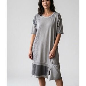 LUUKAA Lagenlook Dress Asymmetric Splatter Midi Size US 4 6 Stretch Knit